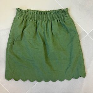 J Crew Women's 00 Linen Blend Paperbag Scallop Mini Skirt Olive Green Pockets